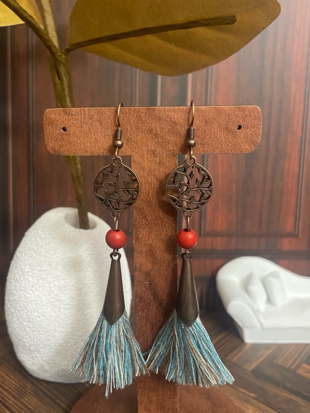 Bohemian Drop Earrings with Teal Tassels and Red Accent Bead